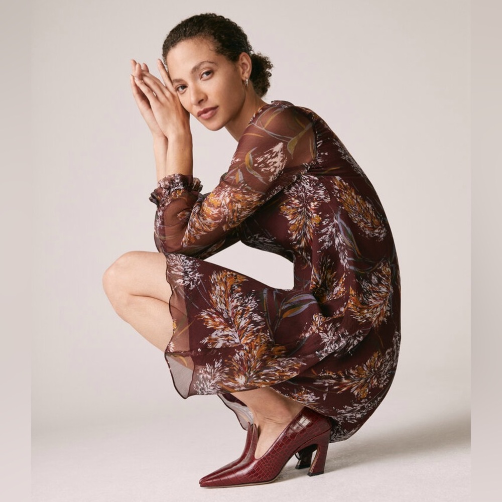 The Fold Andeville Dress Burgundy Feather Print Crinkle Silk, size 8 US/12 UK